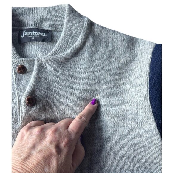 Vintage Jantzen Men's Sz M Gray and Blue Wool Sweater w/ Leather Buttons  USA - Picture 9 of 12